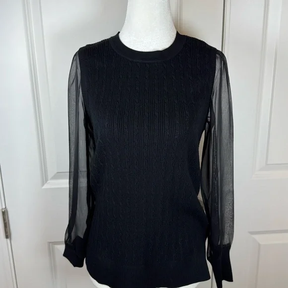 Talbots Petite Black Textured Knit Sweater Sheer Sleeves OfficeCore - Picture 1 of 8